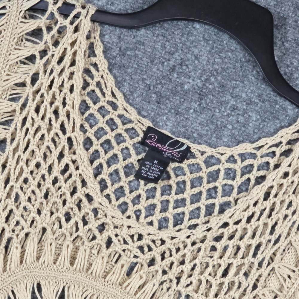 Questions Women M Poncho Top Beige Crochet Fringe 100% Cotton Boho Coverup